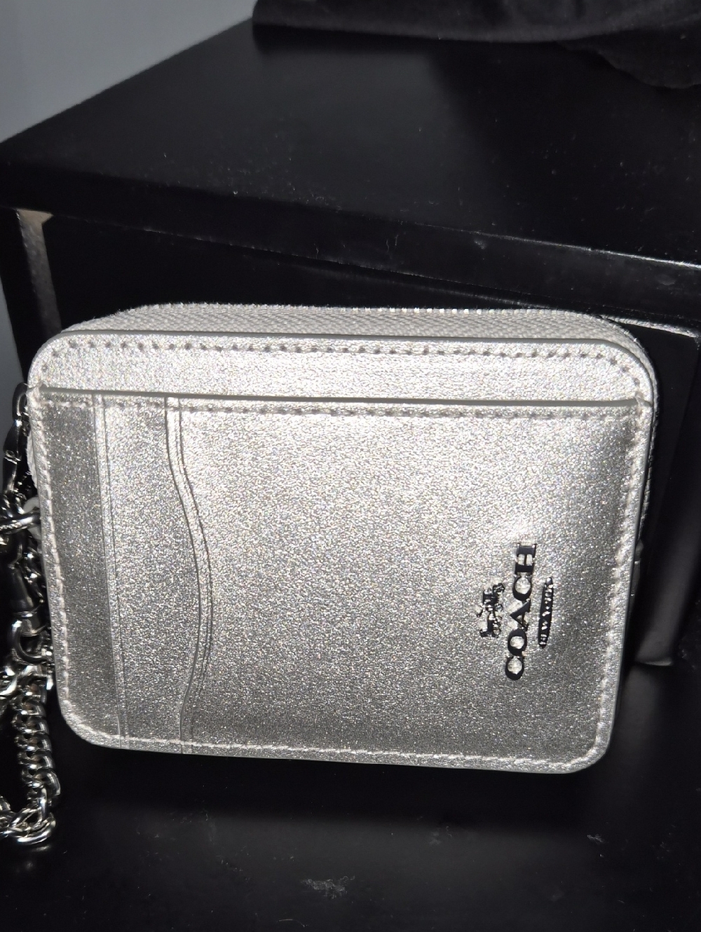 Coach Metallic Silver Card Case with Chain Detail